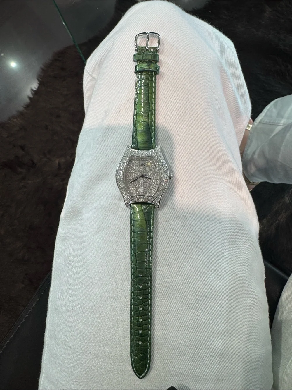 New Vintage Anne Klein Swiss Tonneau Women's Watch with Green Leather Strap